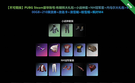 【不可竞技】PUBG Steam豪华账号布朗熊大礼包+小战神套+NH冠军套+内马尔大礼包+600GB+210黑货券+改名卡+滑雪镜+粉雪帽+枫叶M4